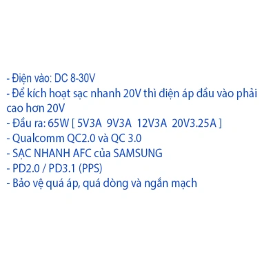 Mạch sạc nhanh 65W Type-C PD3.1 PPS QC3.0 SCP, hỗ trợ 8-30V, giá chỉ 50.000đ 6 Mạch sạc nhanh 65W Type-C PD3.1 PPS QC3.0 SCP, hỗ trợ 8-30V, giá chỉ 50.000đ 6