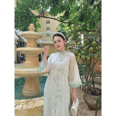 Mẫu Tết Voan tơ thêu xanh ngọc - Hồng cam phối tơ cách điệu, giảm giá tới 299.000₫