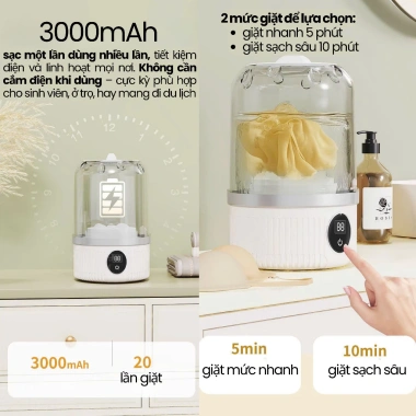 Máy giặt mini không dây sạc pin 3.000mAh, bảo vệ sợi vải, giặt lót, tất du lịch 5