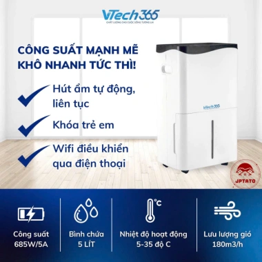 Máy hút ẩm JPTATO Vtech365 VT-HA350-W 12-50L/ngày - Tiện lợi cho phòng khách, ngủ, chỉ 3,75tr 2