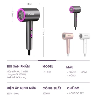 Máy sấy tóc CWELL C10HD 2.500W - 6 chế độ sấy kép, thiết kế thời trang, giảm giá 258.000 ₫