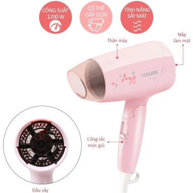 Máy sấy tóc du lịch mini Philips BHC010/00 1.200W - Bảo vệ tóc, bảo hành 2 năm, giảm giá 419.000 VND