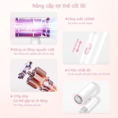 Máy sấy tóc gấp gọn HODEKT 1.200W - 3 chế độ nóng lạnh đèn xanh bảo vệ tóc di động