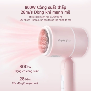Máy sấy tóc gấp gọn HODEKT 800W 28m/s, 3 chế độ nhiệt ion, nhẹ 334g, giá 159k