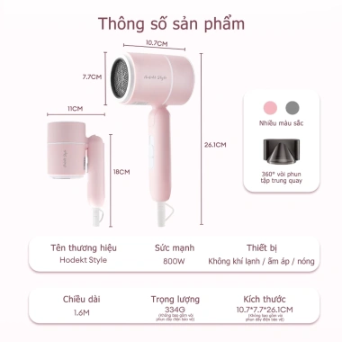 Máy sấy tóc gấp gọn HODEKT 800W 28m/s, 3 chế độ nhiệt ion, nhẹ 334g, giá 159k