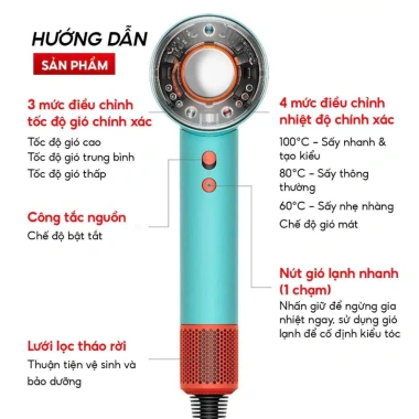 Máy sấy tóc ion âm 2 chiều, 3 chế độ sấy mạnh, bảo vệ tóc, công suất lớn, giá 370.000₫