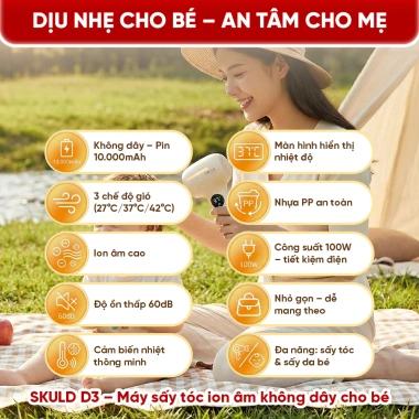 Máy sấy tóc ion âm không dây SKULD D3 3 chế độ, cảm ứng, độ ồn thấp, chống bức xạ, an toàn bé IQKAO 8