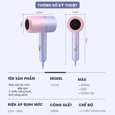 Máy sấy tóc mini gấp gọn 2 chiều nóng lạnh 1.200W ánh sáng xanh bảo vệ tóc 119.000₫
