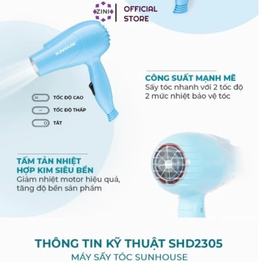 Máy sấy tóc Sunhouse SHD2.305 650W - 2 tốc độ gió, 2 mức nhiệt, tản nhiệt tốt, giảm giá 131.000₫