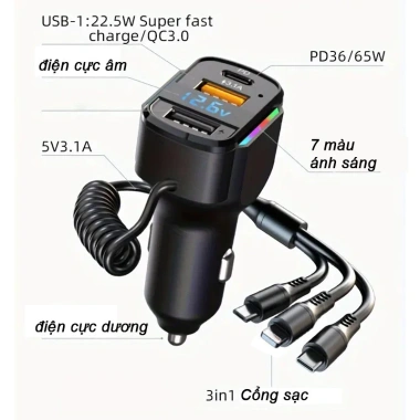 MechMate Tẩu Sạc Nhanh 120W 3in1 USB + Type‑C, Cắm Ổ Diêm, K4 Đa Năng cho Xe Hơi