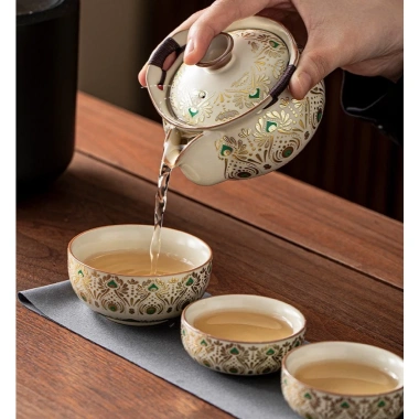 Mini bộ ấm chén trà men sứ cao cấp hoa văn, kèm túi đựng tiện lợi 3