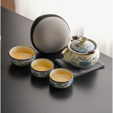 Mini bộ ấm chén trà men sứ cao cấp hoa văn, kèm túi đựng tiện lợi 6