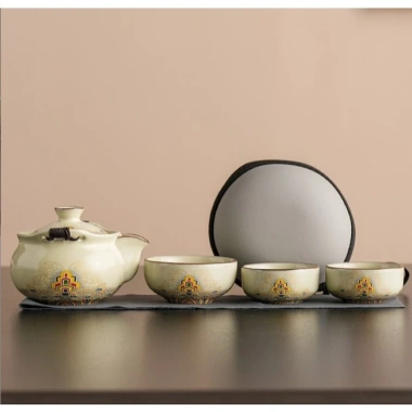 Mini bộ ấm chén trà men sứ cao cấp hoa văn, kèm túi đựng tiện lợi 7