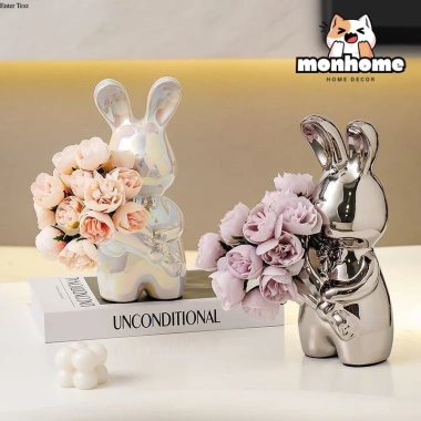 Mô hình thỏ cầm hoa gốm sứ sang trọng - Đồ decor nhà cửa, để bàn phòng khách, giảm giá 183k