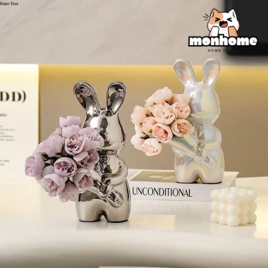 Mô hình thỏ cầm hoa gốm sứ sang trọng - Đồ decor nhà cửa, để bàn phòng khách, giảm giá 183k