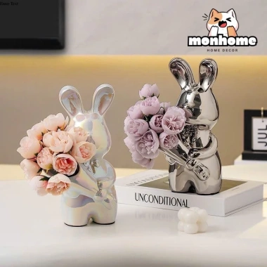 Mô hình thỏ cầm hoa gốm sứ sang trọng - Đồ decor nhà cửa, để bàn phòng khách, giảm giá 183k