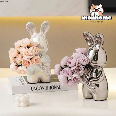 Mô hình thỏ cầm hoa gốm sứ sang trọng - Đồ decor nhà cửa, để bàn phòng khách, giảm giá 183k