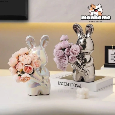 Mô hình thỏ cầm hoa gốm sứ sang trọng - Đồ decor nhà cửa, để bàn phòng khách, giảm giá 183k
