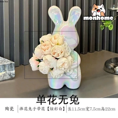 Mô hình thỏ cầm hoa gốm sứ sang trọng - Đồ decor nhà cửa, để bàn phòng khách, giảm giá 183k