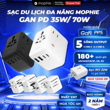 Mophie Bộ sạc đa năng PD 70W/35W 3C2A GaN - Multi Port chuyển áp, bảo hành 2 năm, giá 799.000 VND