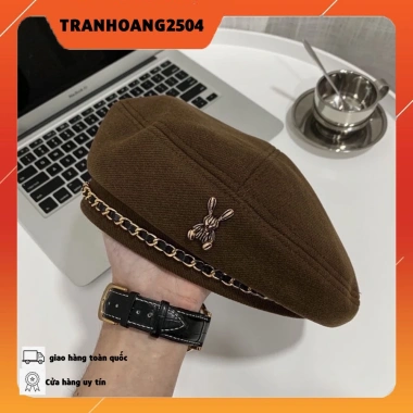 Mũ beret nữ phong cách Hàn Quốc, dây xích thời trang thu đông, giảm giá 70k