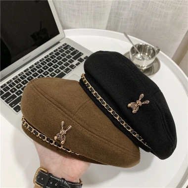 Mũ beret nữ phong cách Hàn Quốc, dây xích thời trang thu đông, giảm giá 70k