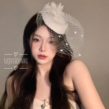 Mũ cài tóc công nương 7 màu đính hoa lông vũ kèm mạng che mặt cho cô dâu