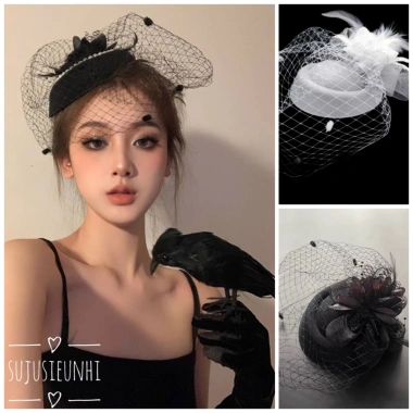 Mũ cài tóc công nương 7 màu đính hoa lông vũ kèm mạng che mặt cho cô dâu 8 Mũ cài tóc công nương 7 màu đính hoa lông vũ kèm mạng che mặt cho cô dâu 8