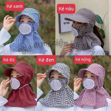 Mũ Chống Nắng Caro + Khăn Che Kín Mặt Chống Tia UV, Lỗ Thông Hơi, Mùa Hè Giá 36K 5