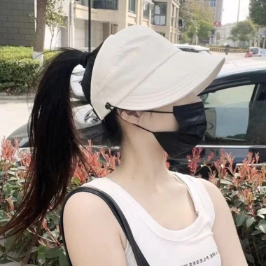 Mũ chống nắng nửa đầu Hàn Quốc, nón vành rộng, đeo khẩu trang, buộc tóc 22.000đ