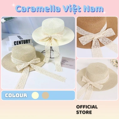 Mũ Cói Caramella Màu Be Vành Rộng Thắt Nơ Biển Che Nắng Mùa Hè Giá 49.000