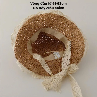 Mũ Cói Ren Bé Gái 3-10 tuổi - Chống Nắng Du Lịch, Siêu Mềm, Giá 99.000đ