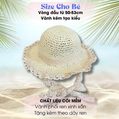 Mũ Cói Ren Bé Gái 3-10 tuổi - Chống Nắng Du Lịch, Siêu Mềm, Giá 99.000đ