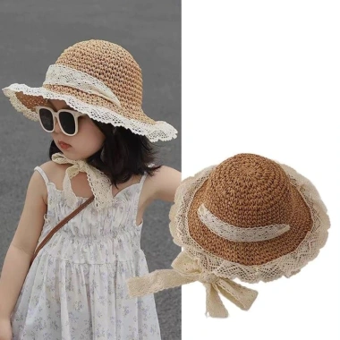 Mũ Cói Ren Nữ Vành Rộng Thắt Nơ Vintage - Đi biển, che nắng Hàn Quốc cho mẹ & bé gái, 68.000đ
