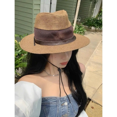 Mũ phớt cói vá lưới vành rộng nam nữ, thoáng mát, dây điều chỉnh - giảm còn 70.000₫