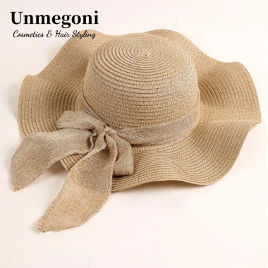 Mũ Rơm Du Lịch UNMEGONI Vành Rộng Chống UV, Gập Được, Nơ Ruy Băng, Che Nắng Di Động