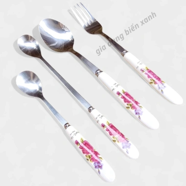 Muỗng inox 304 dày cán sứ cao cấp - Muỗng súp, thìa cà phê đen, đá, giá chỉ 15.000đ