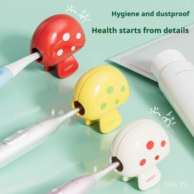 Nắp đầu bàn chải nấm hoạt hình - silicone thực phẩm, có lỗ thông gió, chống bụi, du lịch, dùng tại nhà