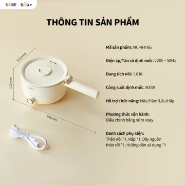 Nồi Điện Đa Năng Bear 1.6L Gấp Gọn, Du Lịch Nấu Ăn Dễ Dàng, Bảo Hành 18 Tháng, Giá 500k