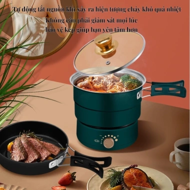Nồi điện gấp gọn 500W đa năng du lịch dã ngoại, khay hấp tiện lợi, chống dính - Giá chỉ 388.000₫