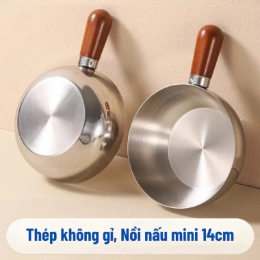 Nồi Inox Mini 14cm tay cầm gỗ cao cấp - Nấu mì, luộc trứng, hâm sữa nhanh trên bếp từ và gas, giá ưu đãi 26.000đ