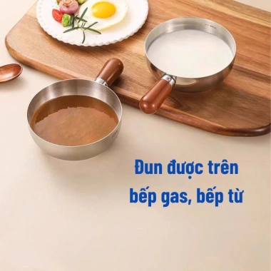 Nồi Inox Mini 14cm tay cầm gỗ cao cấp - Nấu mì, luộc trứng, hâm sữa nhanh trên bếp từ và gas, giá ưu đãi 26.000đ