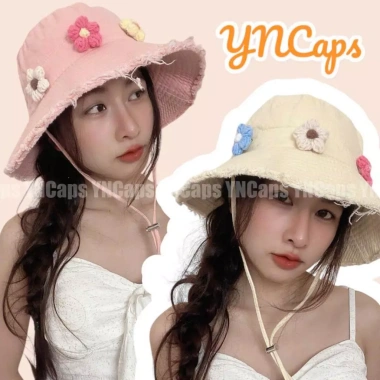 Nón bucket tua rua viền rách gắn hoa len - Unisex chống nắng, người lớn & bé 2‑5 tuổi