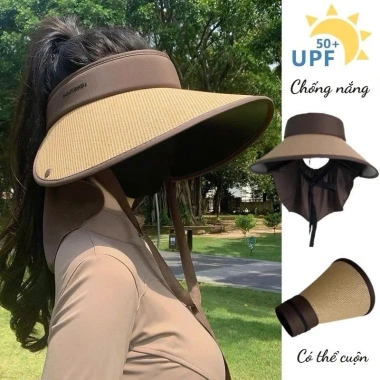 Nón chóp nữ nón cói nửa đầu, vành rộng, vải che sau gáy, chống tia UV, chỉ 44k