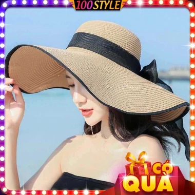 Nón Cói Đi Biển Vành Rộng Dây Nơ Đen - Siêu Nhẹ, Bảo Vệ Nắng, Giá Ưu Đãi