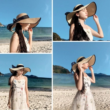 Nón Cói Đi Biển Vành Rộng Dây Nơ Đen - Siêu Nhẹ, Bảo Vệ Nắng, Giá Ưu Đãi 6