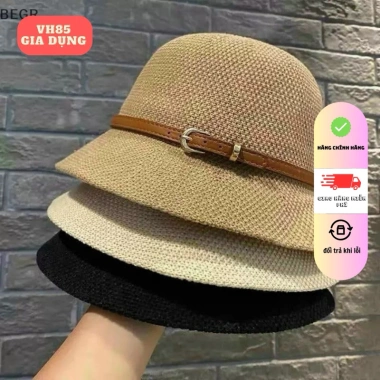 Nón Mũ Cói Vành Rộng Vintage Meta Khóa Da - Che Nắng, Đi Biển, Đi Chơi - 55k