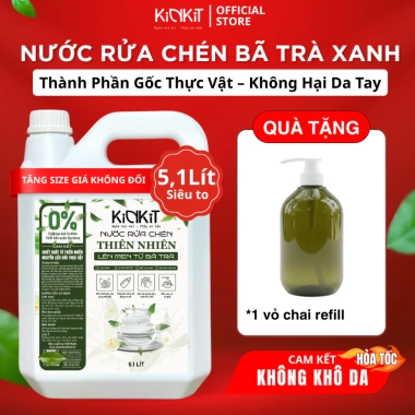 Nước Rửa Chén Hữu Cơ Bã Trà Xanh Lên Men KinKít 5.1L - Siêu Tiết Kiệm, Dịu Da Tay, Kháng Khuẩn, Giá Ưu Đãi 342.000₫