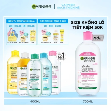 Nước Tẩy Trang Garnier Micellar Cleansing Water 400ml‑700ml – Làm sạch sâu, dịu nhẹ cho mọi da, giảm giá 155k