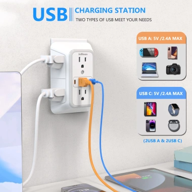 Ổ cắm 3 mặt chống sét - Bộ chia 6 ổ cắm, 4 cổng USB (2 USB-C) cho gia đình, văn phòng, du lịch, chỉ 220k 4 Ổ cắm 3 mặt chống sét - Bộ chia 6 ổ cắm, 4 cổng USB (2 USB-C) cho gia đình, văn phòng, du lịch, chỉ 220k 4